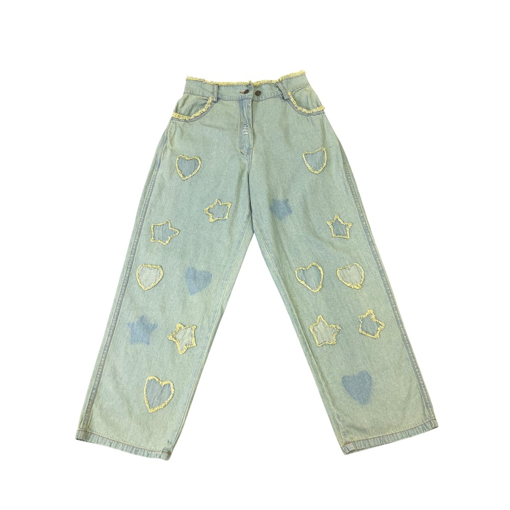 Paper Lace Hearts Stars Patches Light Wash Wide Leg Jeans M Frayed Waist